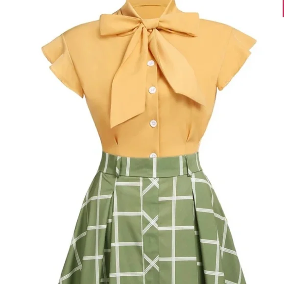 1950S BOW PLAID BLOUSE SKIRT